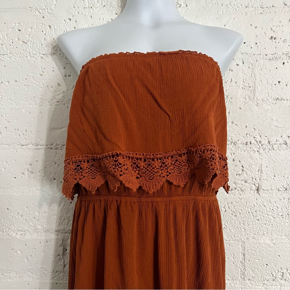 Rue+ Womens Plus Dress 1X Burnt Orange Rayon Midi Strapless Crochet Boho M15 - Picture 2 of 6